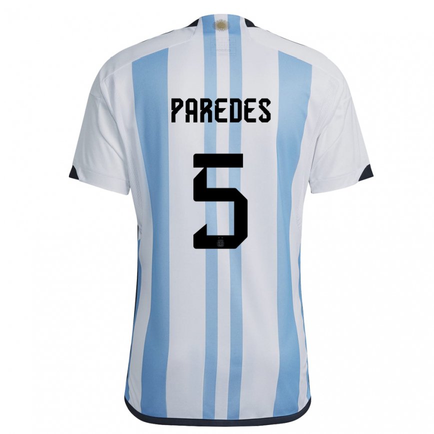Hombre Camiseta Argentina Leandro Paredes #5 Blanco Cielo Azul 1ª Equipación 22-24