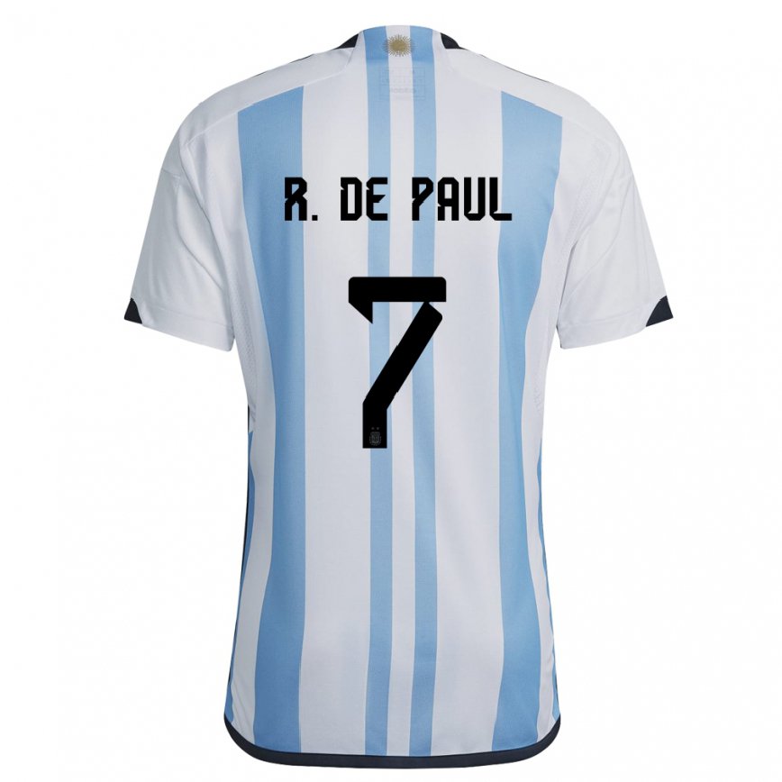 Hombre Camiseta Argentina Rodrigo De Paul #7 Blanco Cielo Azul 1ª Equipación 22-24