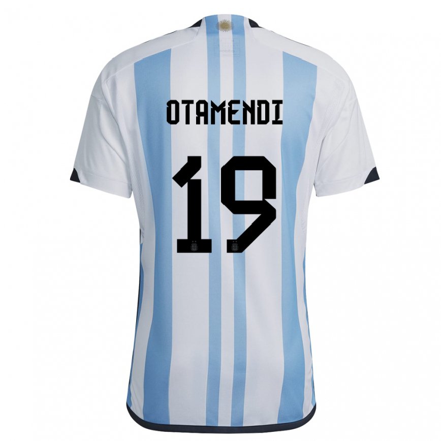 Hombre Camiseta Argentina Nicolas Otamendi #19 Blanco Cielo Azul 1ª Equipación 22-24