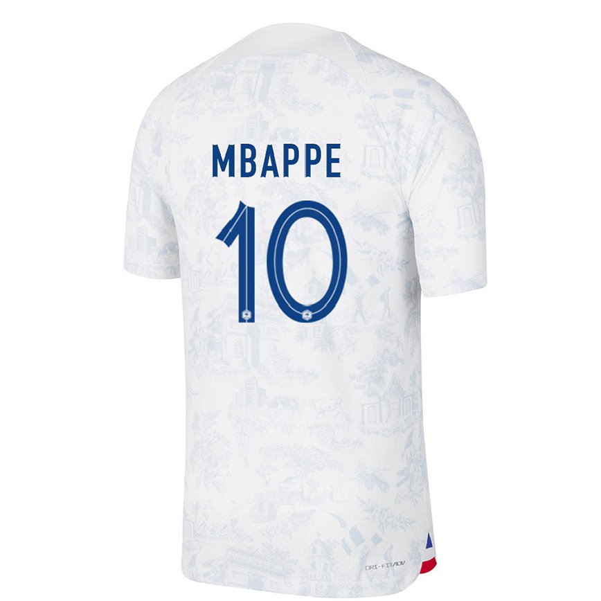 Hombre Camiseta Francia Kylian Mbappe #10 Blanco Azul 2ª Equipación 22-24