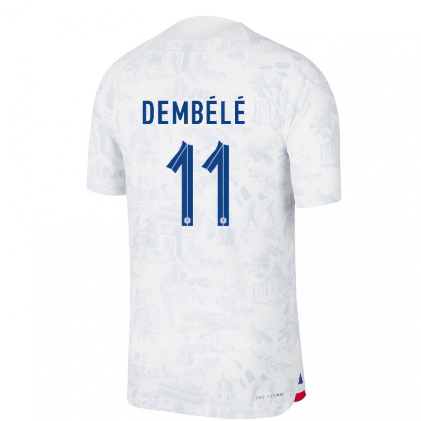 Hombre Camiseta Francia Ousmane Dembele #11 Blanco Azul 2ª Equipación 22-24