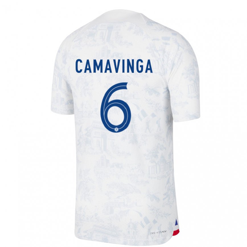 Mujer Camiseta Francia Eduardo Camavinga #6 Blanco Azul 2ª Equipación 22-24