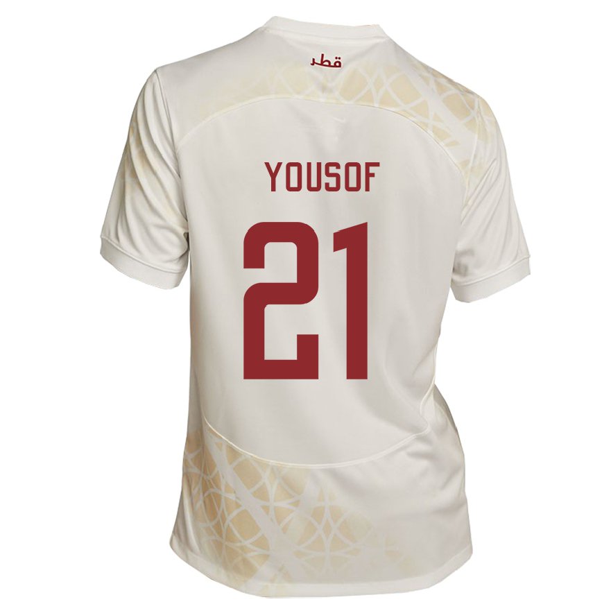 Mujer Camiseta Catar Yousof Hassan #21 Beis Dorado 2ª Equipación 22-24