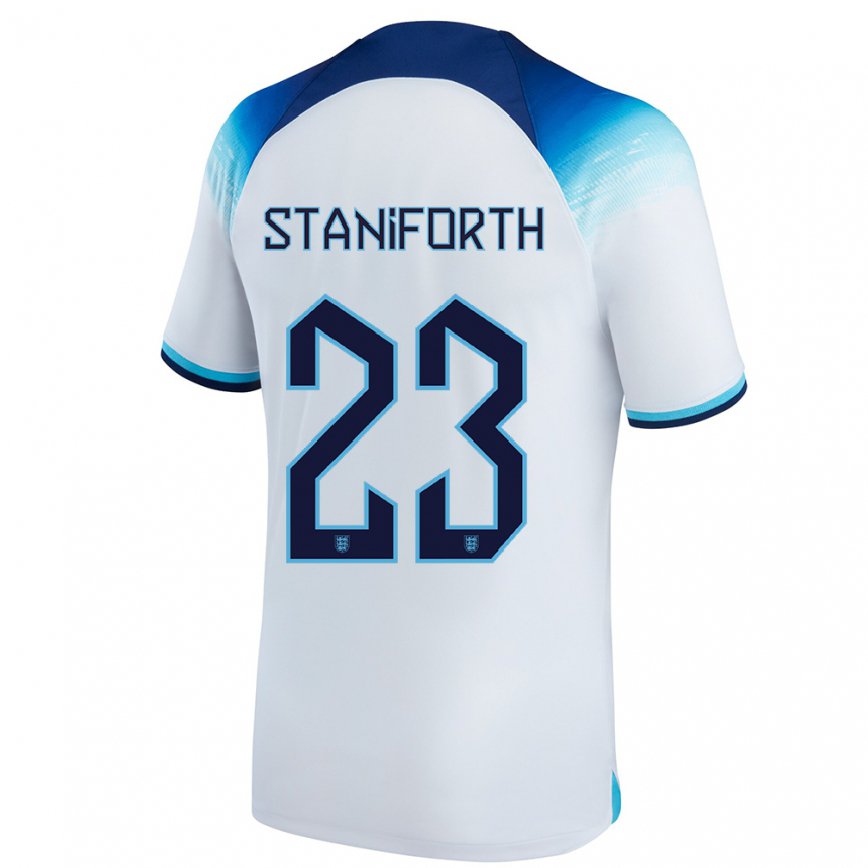 Hombre Camiseta Inglaterra Lucy Staniforth #23 Blanco Azul 1ª Equipación 22-24