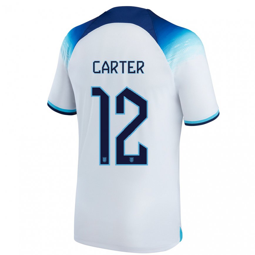 Mujer Camiseta Inglaterra Jess Carter #12 Blanco Azul 1ª Equipación 22-24