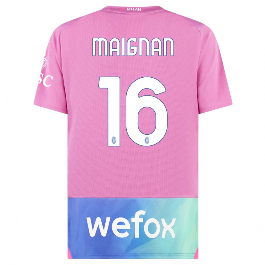 Niño Fútbol Camiseta Mike Maignan #16 Rosado Morado Equipación Tercera 2023/24